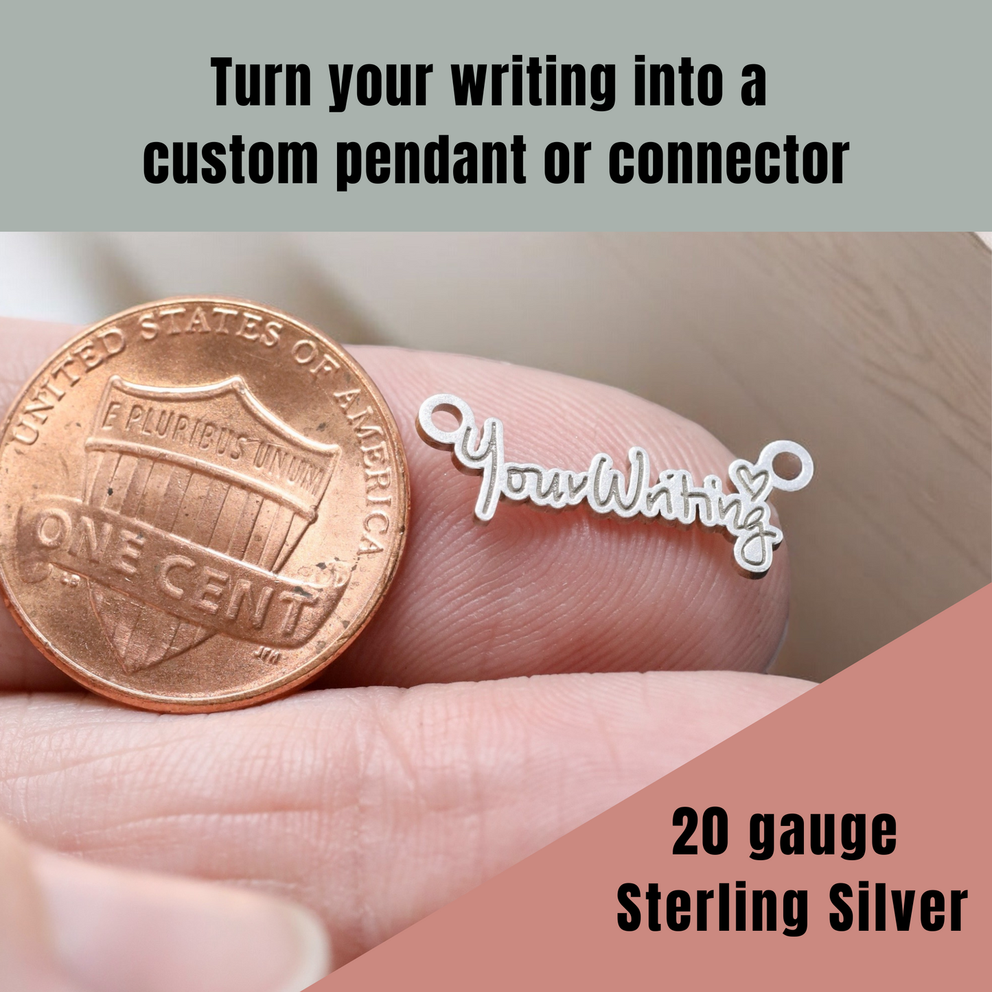 Personalized Handwriting Word or Name Custom Sterling Silver Pendant Connector - Your Handwriting - DIY Jewelry Components & Supplies in Sterling Silver